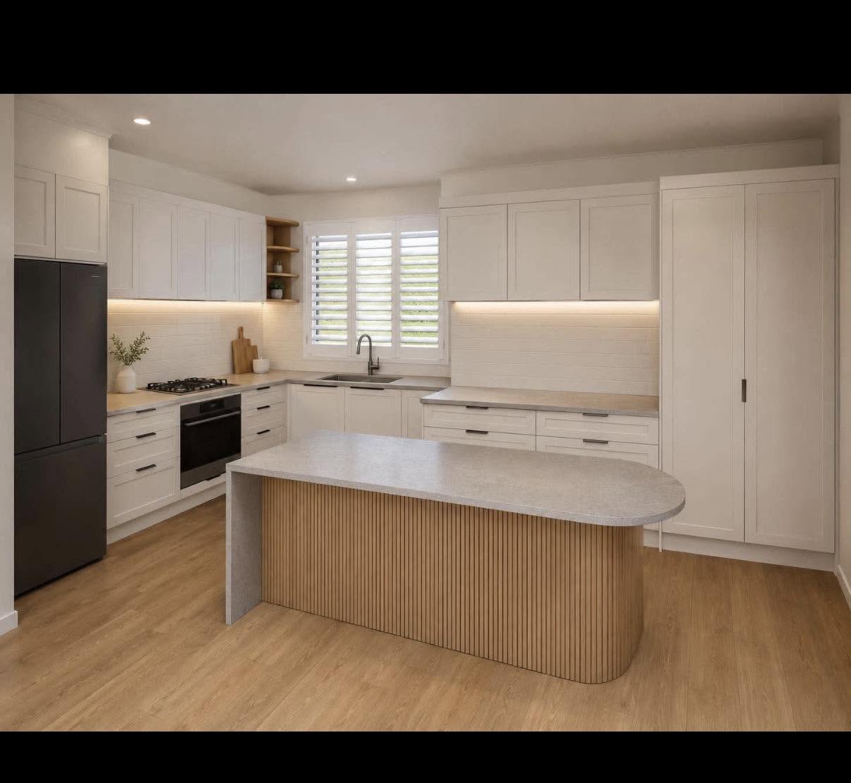 Kitchen design by Hayley, Spriggs & Co.'s in-house interior designer, with an island bench and timber floors