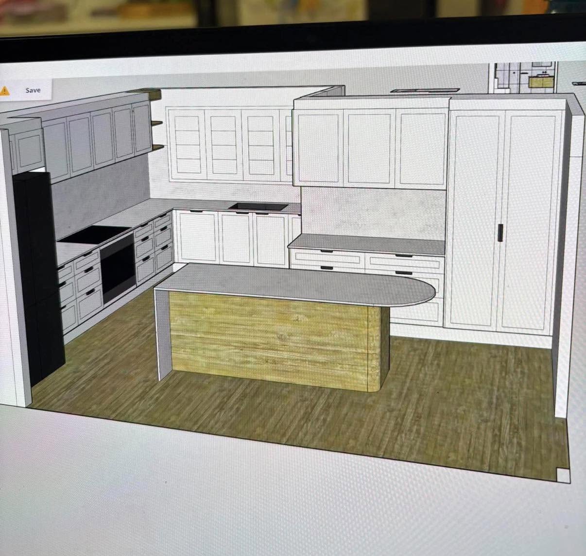 In-house 3D kitchen design render by Hayley showing cabinetry, island and appliance positions